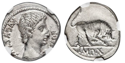 古代ローマ帝国 アウグストゥス デナリウス貨 BC15-13年 NGC Ch. AU