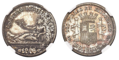 kosuke_dev スペイン 暫定政府 ペセタ銀貨 1869年 NGC MS65