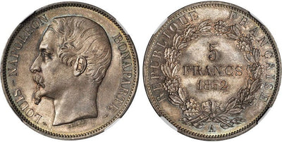 フランス ルイ・ナポレオン 5フラン銀貨 1852-A年 NGC MS66