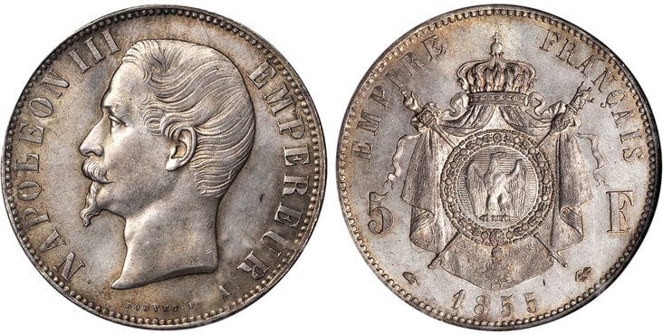 アンティークコインギャラリア フランス ナポレオン3世 5フラン銀貨 1855-A年 NGC MS64