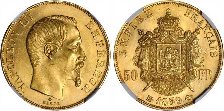 アンティークコインギャラリア フランス ナポレオン3世 50フラン金貨 1859-BB年 NGC MS64