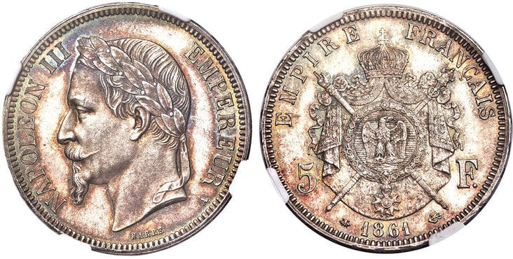 アンティークコインギャラリア フランス ナポレオン3世 5フラン銀貨 1861-A年 NGC MS64