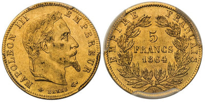 アンティークコインギャラリア フランス ナポレオン3世 5フラン金貨 1864-A年 PCGS MS63