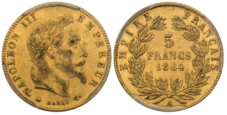 アンティークコインギャラリア フランス ナポレオン3世 5フラン金貨 1864-A年 PCGS MS62