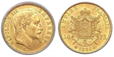 アンティークコインギャラリア フランス ナポレオン3世 50フラン金貨 1866-BB年 PCGS MS63