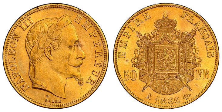 フランス ナポレオン3世 50フラン金貨 1866-A年 NGC MS64 