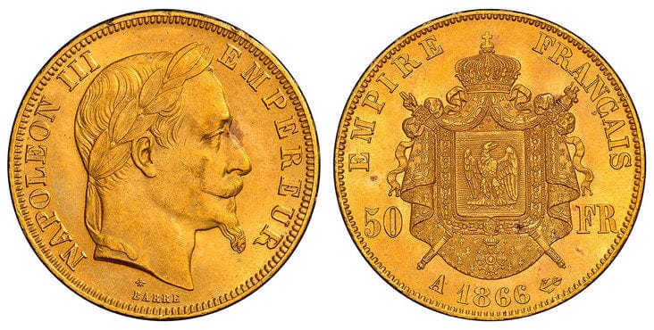 フランス 1866A ナポレオン(有冠) 50フラン金貨 PCGS MS63 優良現物資産-