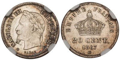 フランス ナポレオン3世 20サンチーム銀貨 1867-BB年 NGC MS66