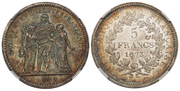 フランス ヘラクレス パリ・コミューン 5フラン 銀貨 1873-A年 NGC