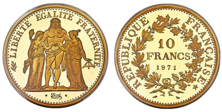 アンティークコインギャラリア フランス ピエフォー ヘラクレス 10フラン金貨 1971年 PCGS SP69