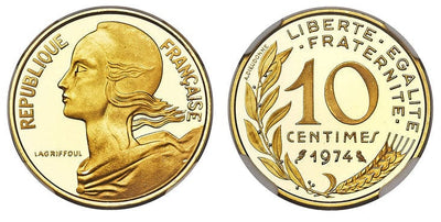 フランス ピエフォー マリアンヌ 10サンチーム金貨 1974年 NGC PR69UCAM