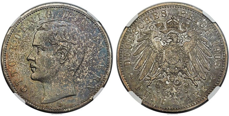 ドイツ バイエルン オットー1世 5マルク銀貨 1908年 NGC PR66 