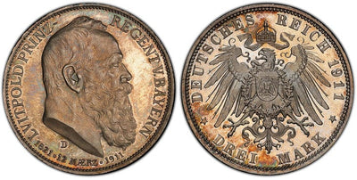 kosuke_dev ドイツ バイエルン ルイトポルト・フォン・バイエルン 3マルク銀貨 1911-D年 PCGS PR64