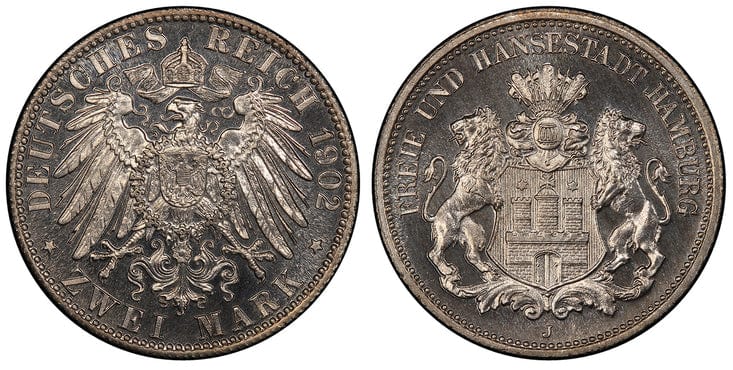 ドイツ ハンブルク 2マルク銀貨 1902-J年 PCGS PR67 | アンティーク