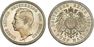 kosuke_dev ドイツ  ヘッセ　ダルムシュタット エルンスト・ルートヴィヒ 5マルク銀貨 1895-A年 PCGS MS64