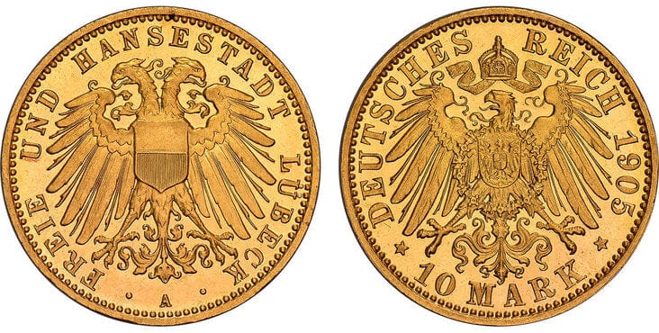 kosuke_dev ドイツ リューベック 10マルク金貨 1905-A年 NGC PR67UCAM