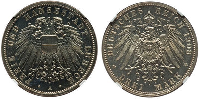kosuke_dev ドイツ リューベック 3マルク銀貨 1908-A年 NGC PR66 Cameo