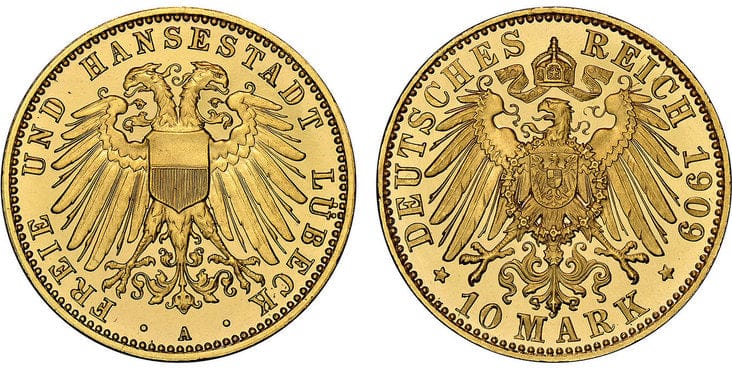 kosuke_dev ドイツ リューベック 10マルク金貨 1909-A年 NGC PR67UCAM