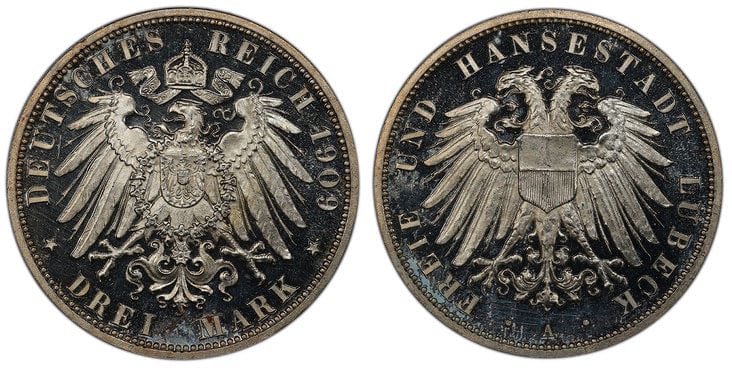 ドイツ リューベック 3マルク銀貨 1909-A年 PCGS PR64DCAM