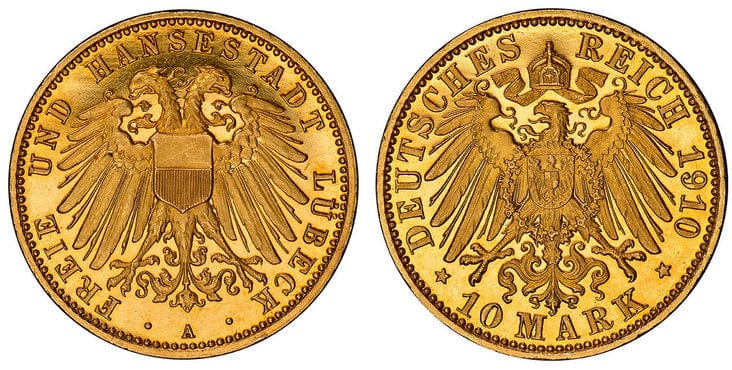 kosuke_dev ドイツ リューベック 10マルク金貨 1910-A年 NGC PR66UCAM