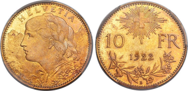 スイス 10スイスフラン金貨 1922年【PCGS SP65】