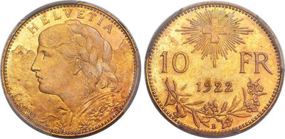 スイス 10スイスフラン金貨 1922年【PCGS SP65】