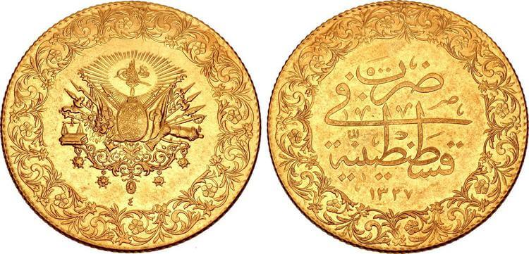 kosuke_dev トルコ共和国 ムハンマド5世 500クルシュ金貨 1327年【PCGS AU53】