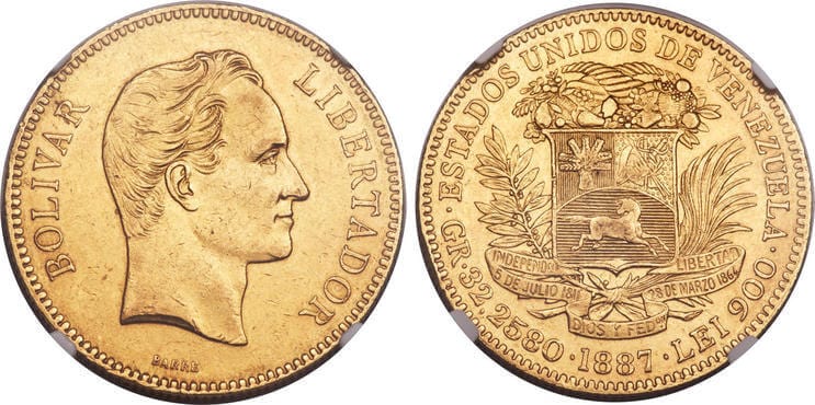 kosuke_dev ベネズエラ 100ボリバル金貨 1887年【NGC AU55】