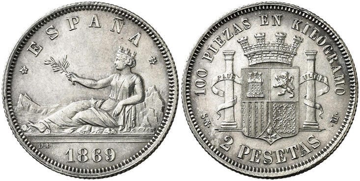kosuke_dev スペイン 臨時政府 2ペセタ銀貨 1869年【NGC MS62】