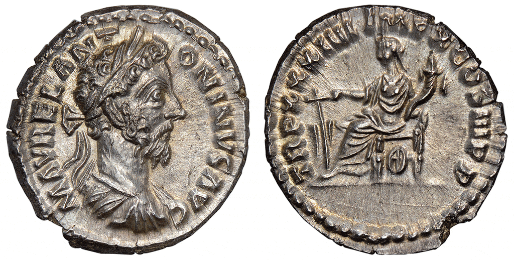 古代ローマ帝国 マーカス・アウレリウス デナリウス貨 161-180年 NGC MS