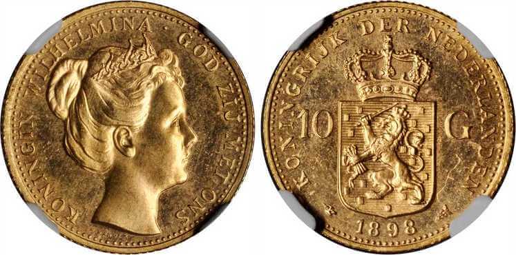 kosuke_dev オランダ ヴィルヘルミナ1世 1898年 10ギルダー金貨【NGC PR64】