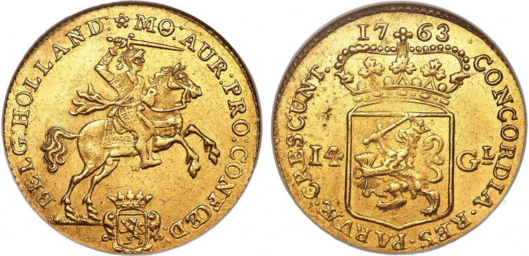 オランダ 1763年 14ギルダー金貨【NGC MS62】