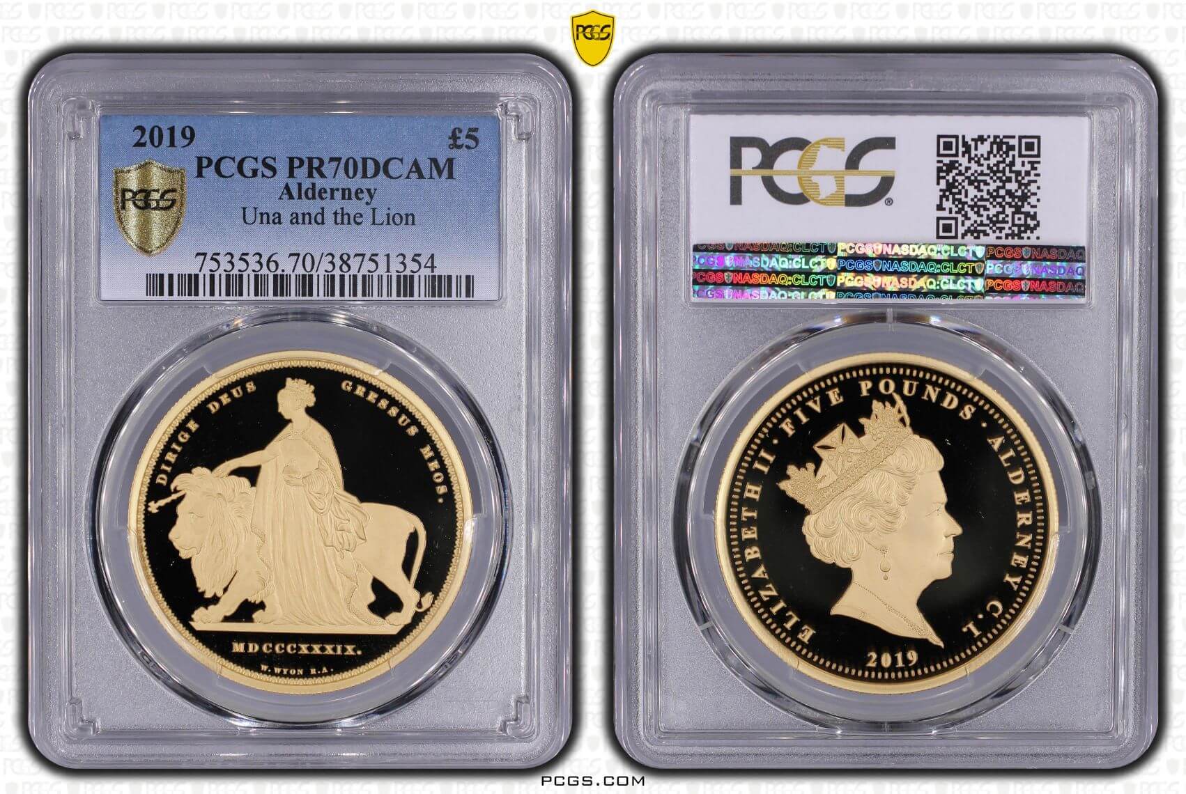 2019 オルダニー ウナライオン 5ポンド金貨 PCGS PR70DCAM