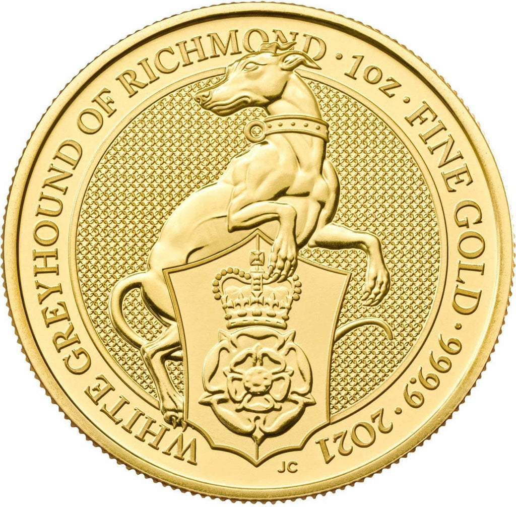 アンティークコインギャラリア 2021年 イギリス クイーンズビースト リッチモンドのグレイハウンド 5オンスプルーフ金貨（箱、証明書つき）
