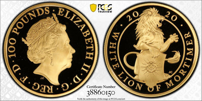 アンティークコインギャラリア 2020 イギリス £100 1オンス モーティマーのホワイトライオン金貨  クイーンズビースト PCGS PR69DCAM