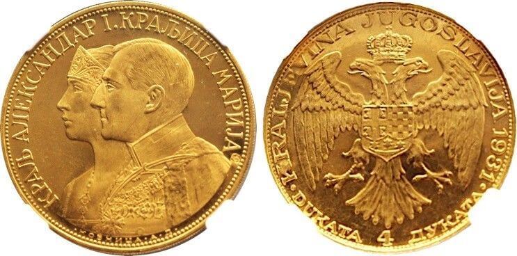 【NGC MS61】ユーゴスラビア アレクサンダル1世 1931年 4デュカート 金貨