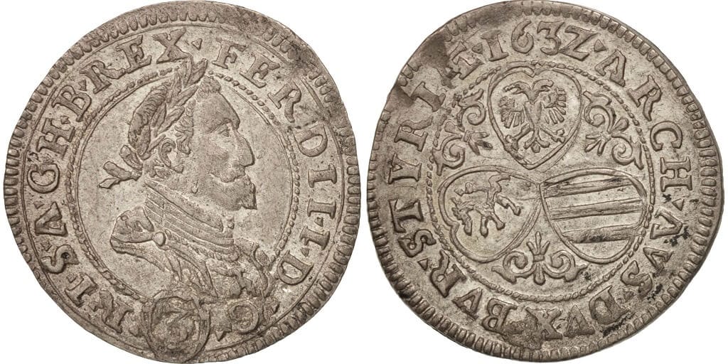 kosuke_dev 神聖ローマ帝国 シレジア フェルディナント2世 1632年 3クロイツァー 銀貨 準未使用