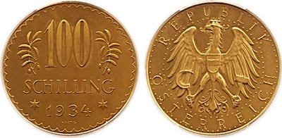 【PCGS PL64】オーストリア共和国 1934年 100シリング 金貨