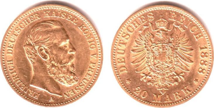 ドイツ　プロイセン20マルク金貨1888年フリードリッヒ3世　EF