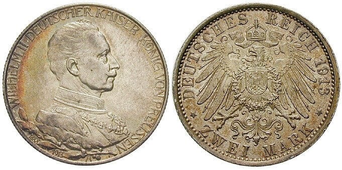 kosuke_dev ドイツ プロイセン王国 ヴィルヘルム2世 1913年 2マルク 銀貨 UNC