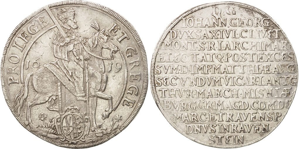神聖ローマ帝国 ザクセン選帝侯領 ヨハン・ゲオルク1世 1619年 ターラー（ターレル） 銀貨 準未使用
