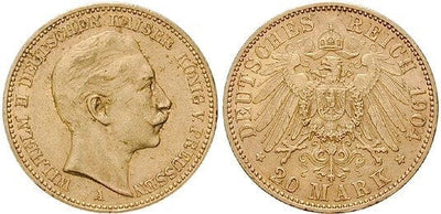 プロイセン王国 ヴィルヘルム2世 1890-1913年 20マルク 金貨 美品