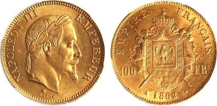 【PCGS MS63】フランス ナポレオン3世 1862年 100フラン 金貨