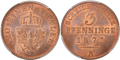 kosuke_dev 【PCGS MS66RB】プロイセン王国 ヴィルヘルム1世 1873年 3ペニヒ 銅貨