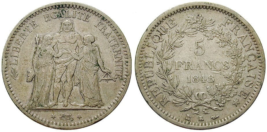 フランス フランス第二共和政 1848年 5フラン 銀貨 美品