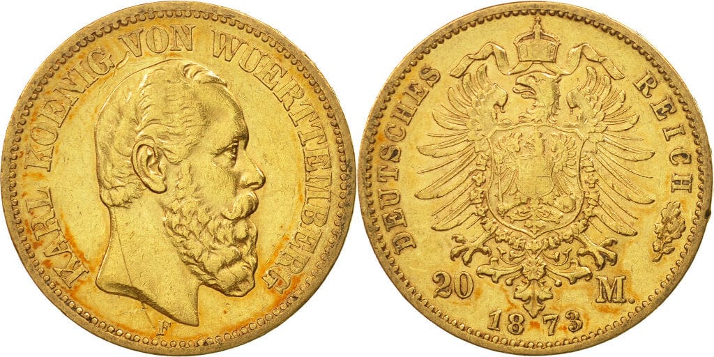 ヴュルテンベルク王国 カール1世 1873年 20マルク 金貨 準未使用