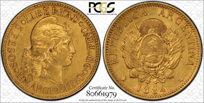 1884年 アルゼンチン 5ペソ金貨 PCGS AU53 | アンティークコインギャラリア