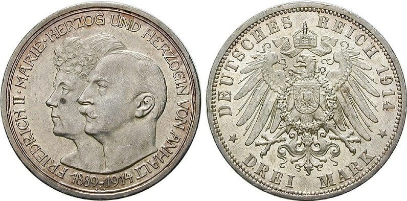 kosuke_dev ドイツ アンハルト公国 フリードリヒ2世 1914年 3マルク 銀貨 極美品～準未使用