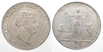 kosuke_dev ドイツ　ヴュルテンベルク　ターレル　1833年　ヴィルヘルム1世　自由貿易　銀貨　極美品