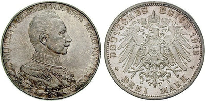 プロイセン ヴィルヘルム2世 1913年 3マルク 銀貨 UNC